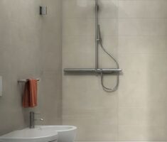 Ambient baie cu faianta Italia seria Karma, culoare Taupe. Idea Ceramica